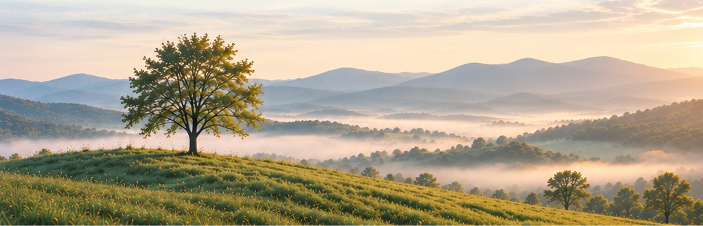 Tree overlooking misty mountain valley